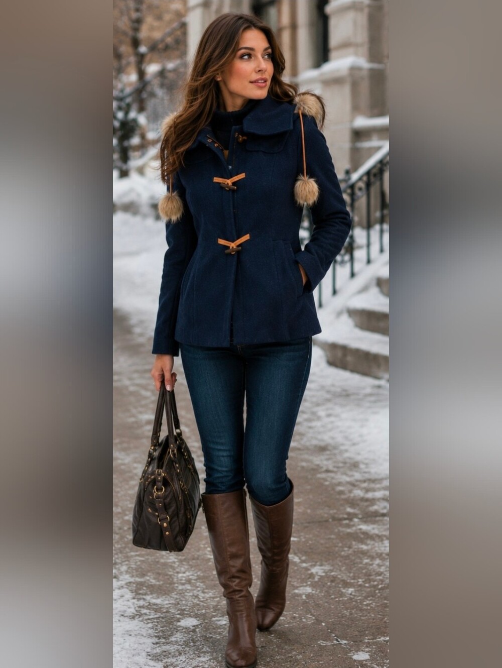 Rare Vintage Juicy Couture Navy Wool Coat XS Faux Fur Pom Pom Hood Y2K